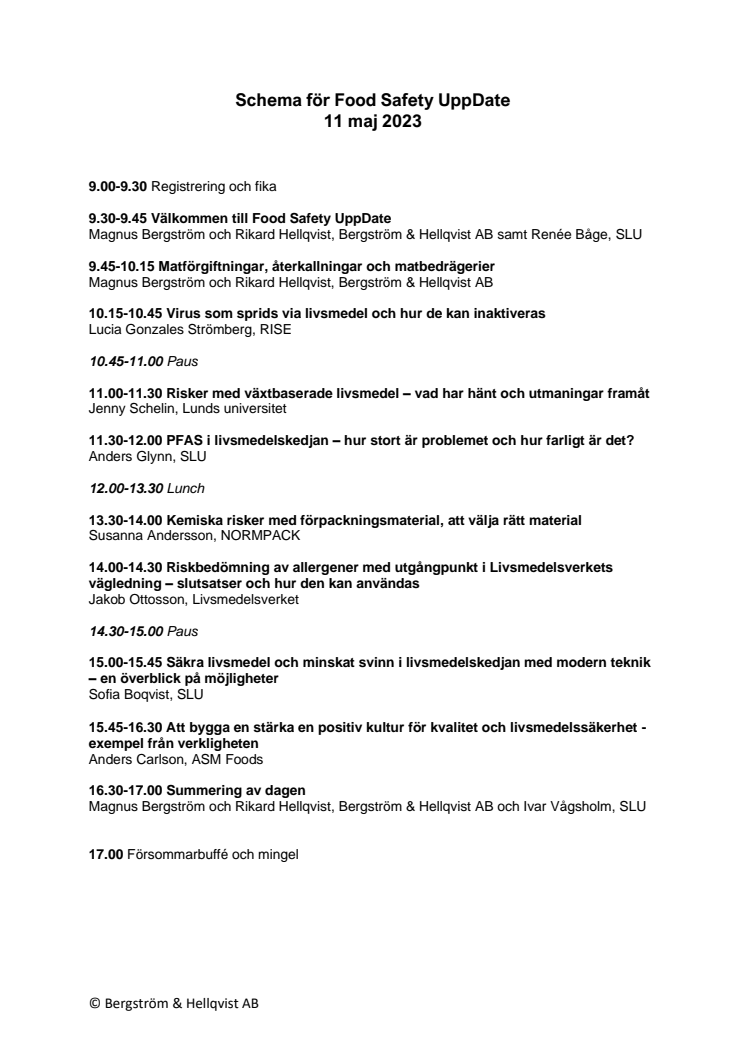 Schema Food Safety UppDate 11 maj 2023