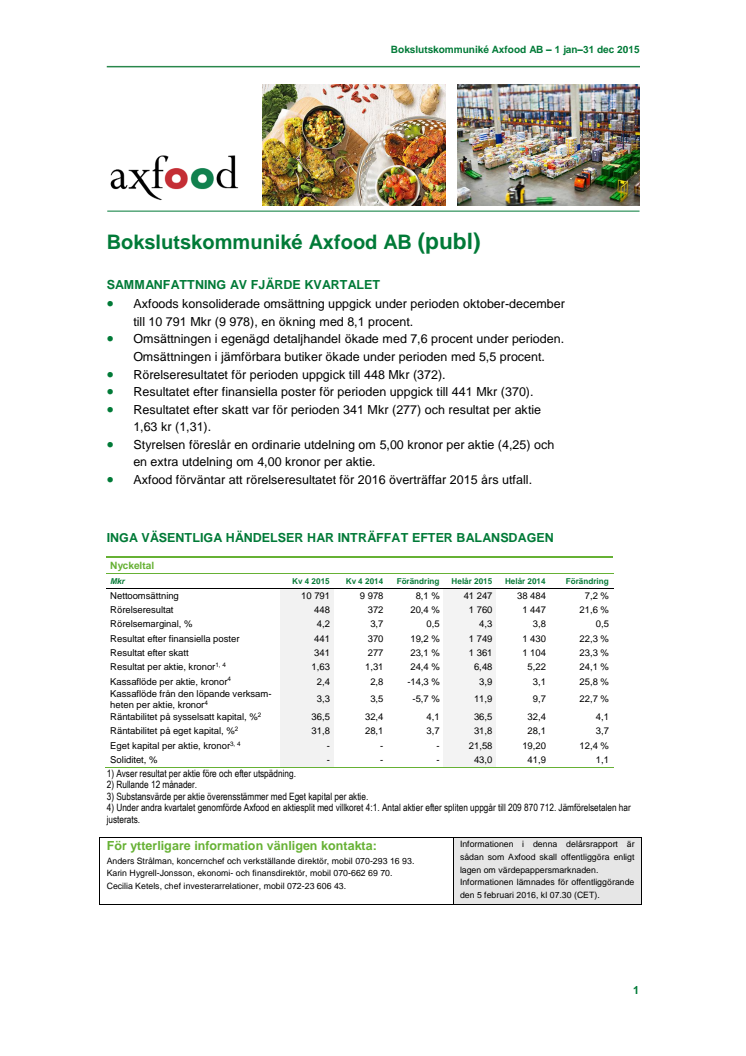 Bokslutskommuniké Axfood AB – 1 jan–31 dec 2015