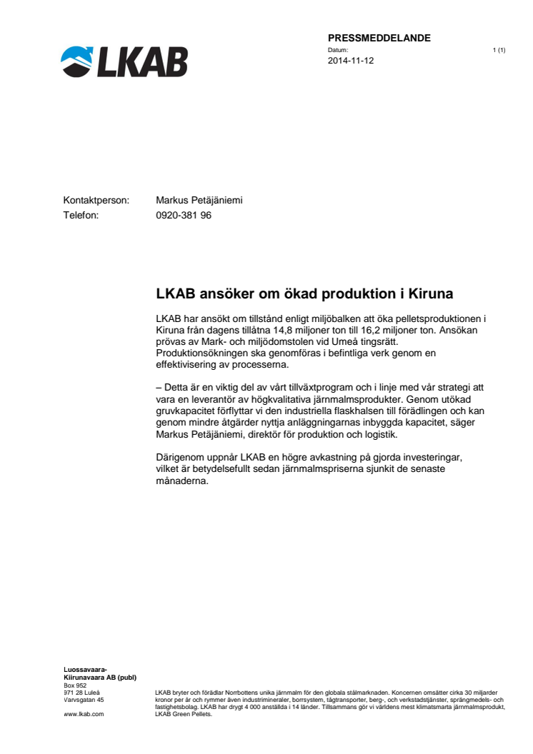 LKAB ansöker om ökad produktion i Kiruna