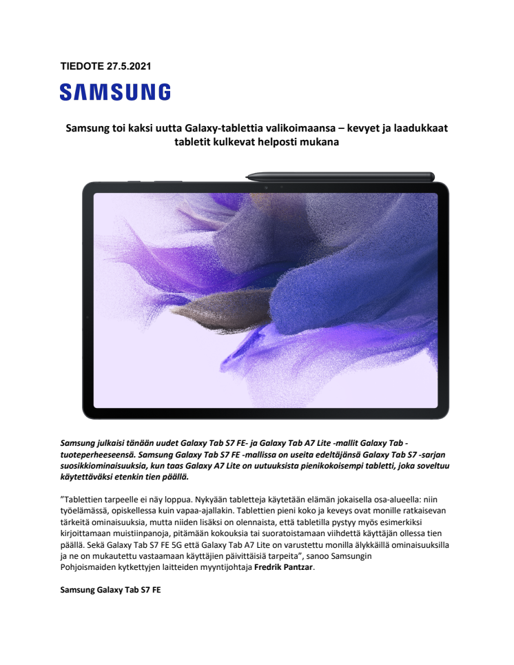 Samsung toi kaksi uutta Galaxy-tablettia valikoimaansa – kevyet ja laadukkaat tabletit kulkevat helposti mukana