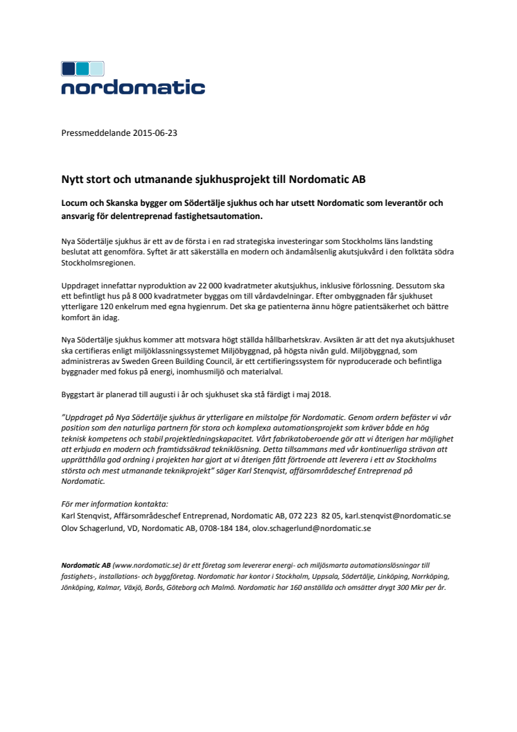 Nytt stort och utmanande sjukhusprojekt till Nordomatic AB
