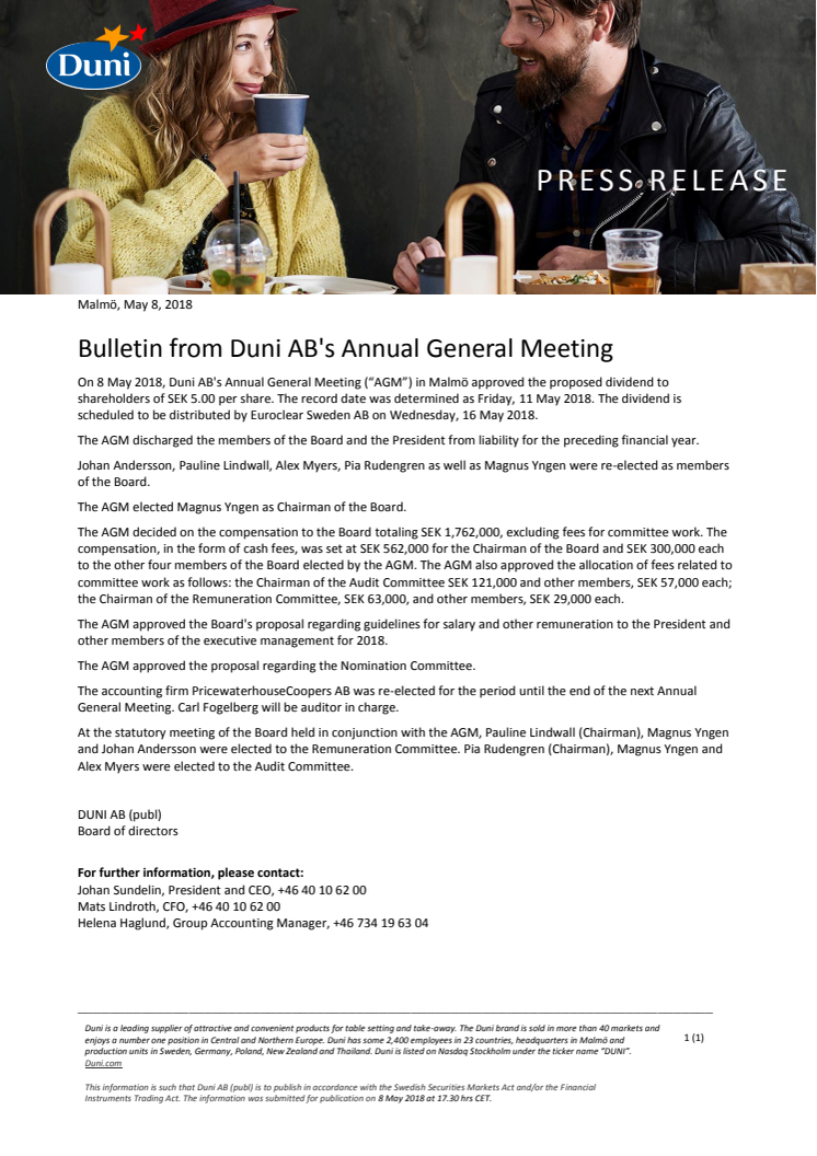 Bulletin from Duni AB's Annual General Meeting 