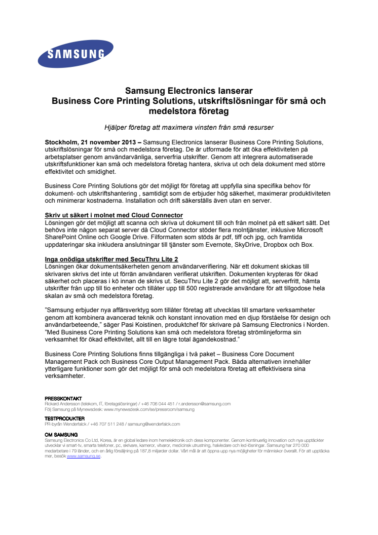 Samsung Electronics lanserar  Business Core Printing Solutions, utskriftslösningar för små och medelstora företag 