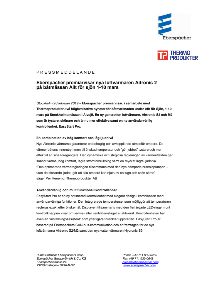 Eberspächer premiärvisar nya luftvärmaren Airtronic 2 på båtmässan Allt för sjön 1-10 mars