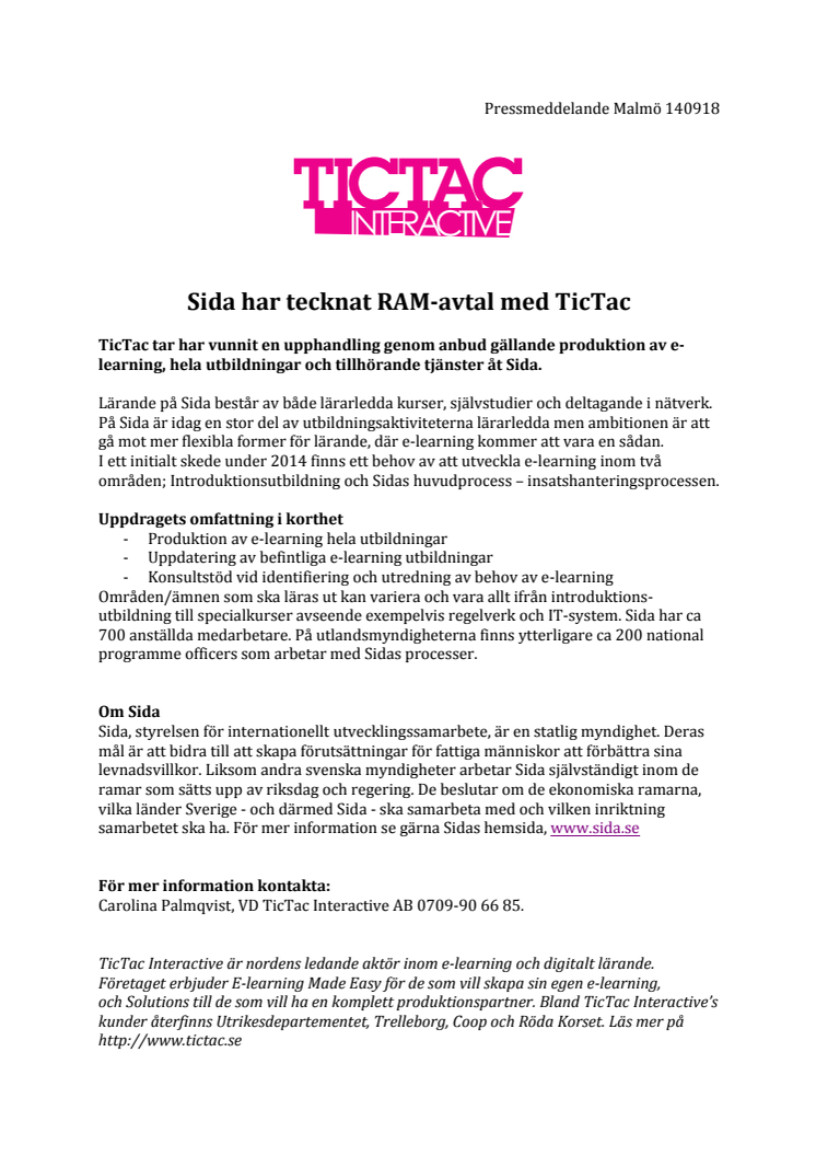 Sida har tecknat RAM-avtal med TicTac