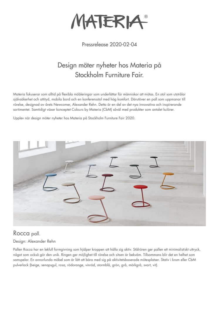 Design möter nyheter hos Materia på Stockholm Furniture Fair 2020.