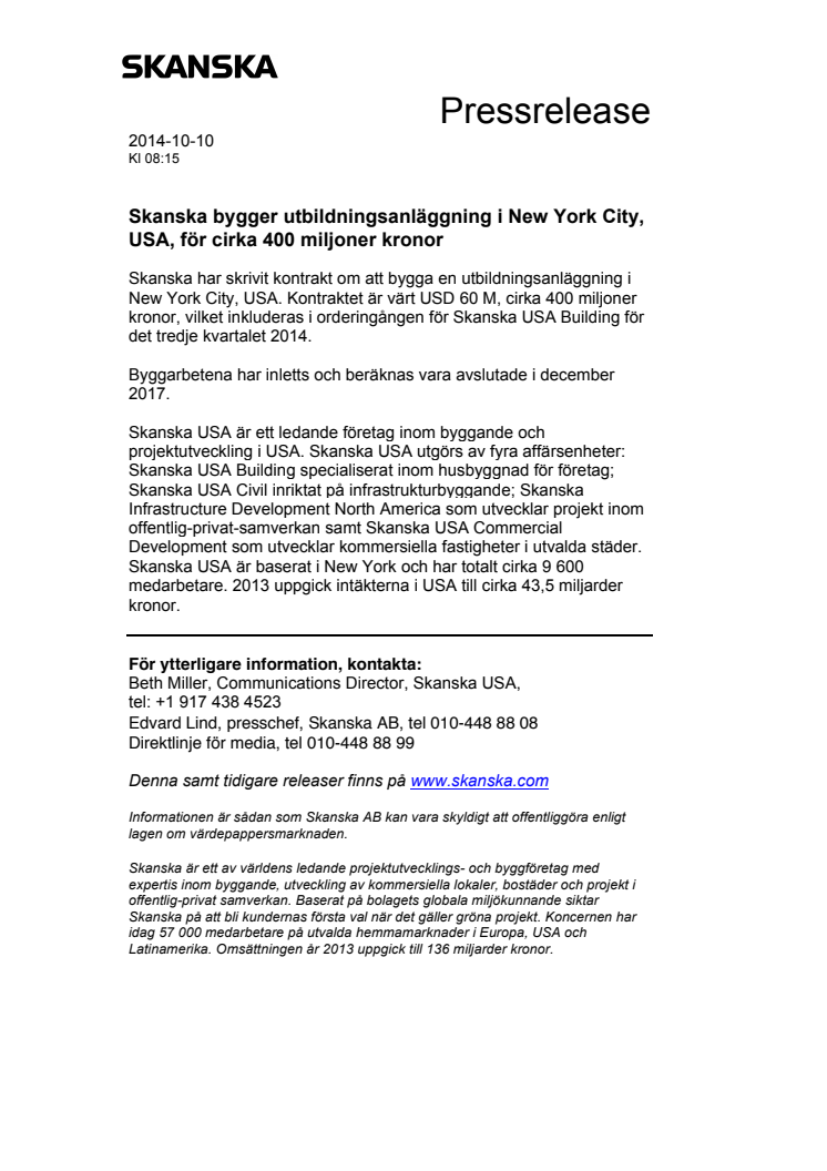 Skanska bygger utbildningsanläggning i New York City, USA, för cirka 400 miljoner kronor