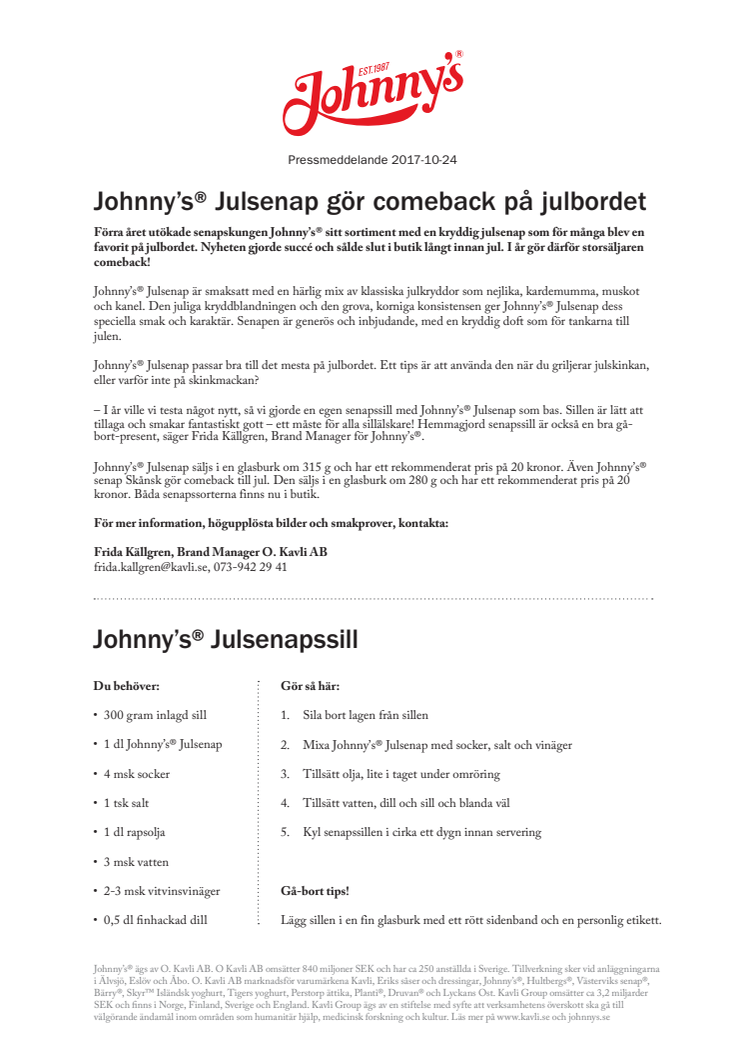 Johnny’s® Julsenap gör comeback på julbordet 