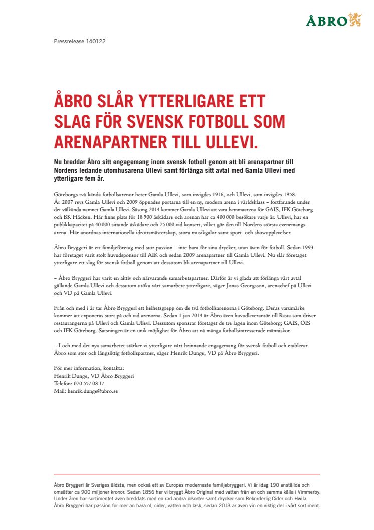 Åbro slår ytterligare ett slag för svensk fotboll som arenapartner till Ullevi