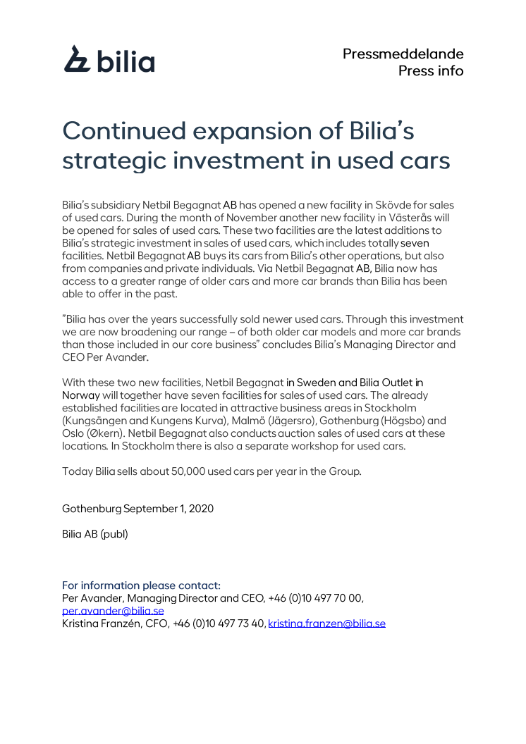 Continued expansion of Bilia`s strategic investment in used cars