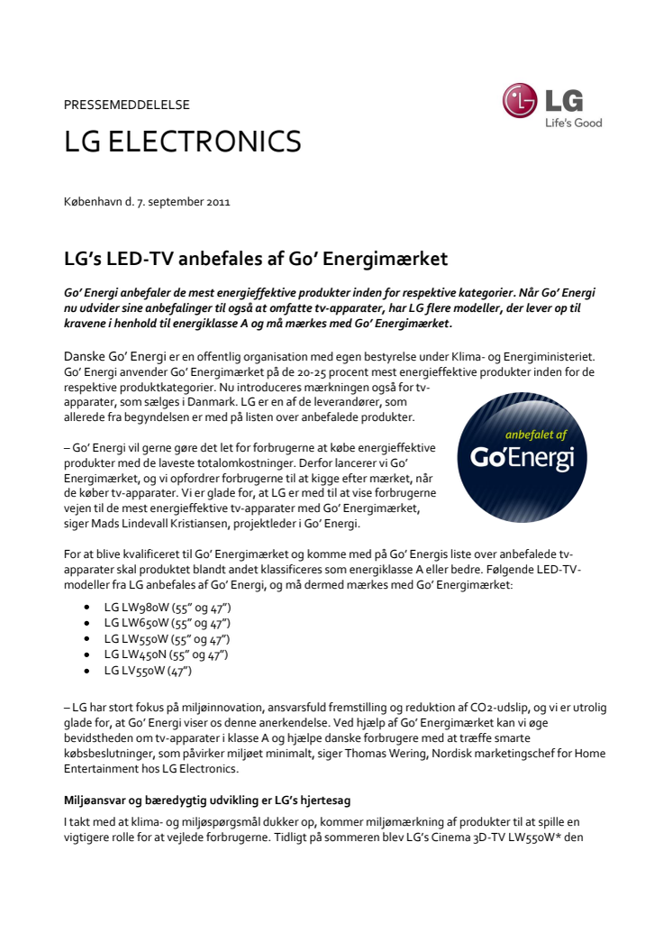 LG’s LED-TV anbefales af Go’ Energimærket