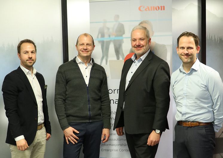 Fra venstre: Svein-Erik Myhr (Canon Norge), Pål Reinert Bredvei (Documaster), Henrik Klemetsen (Canon Norge) og Simen Sandberg (Documaster)