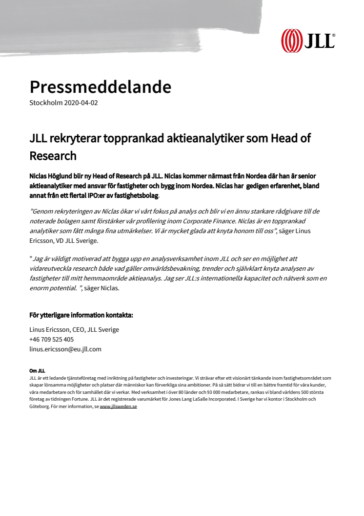 JLL rekryterar topprankad aktieanalytiker som Head of Research