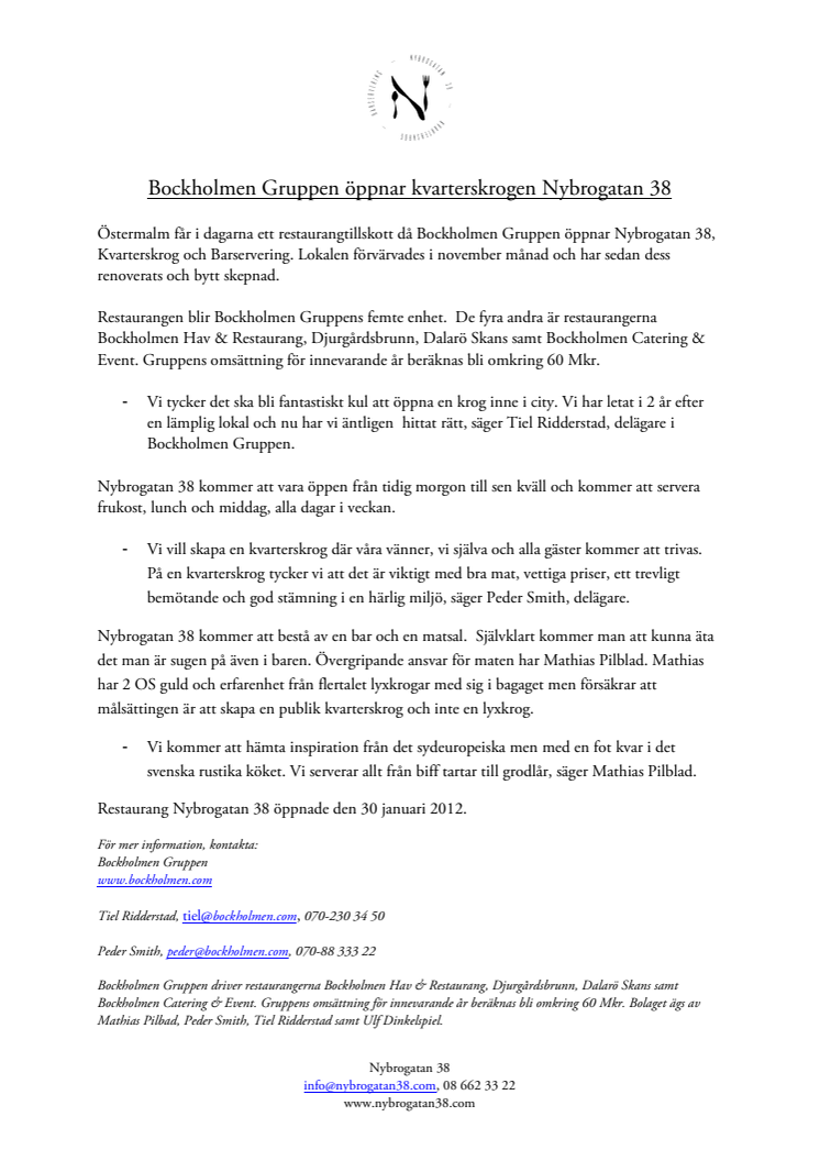 Bockholmen Gruppen öppnar kvarterskrogen Nybrogatan 38