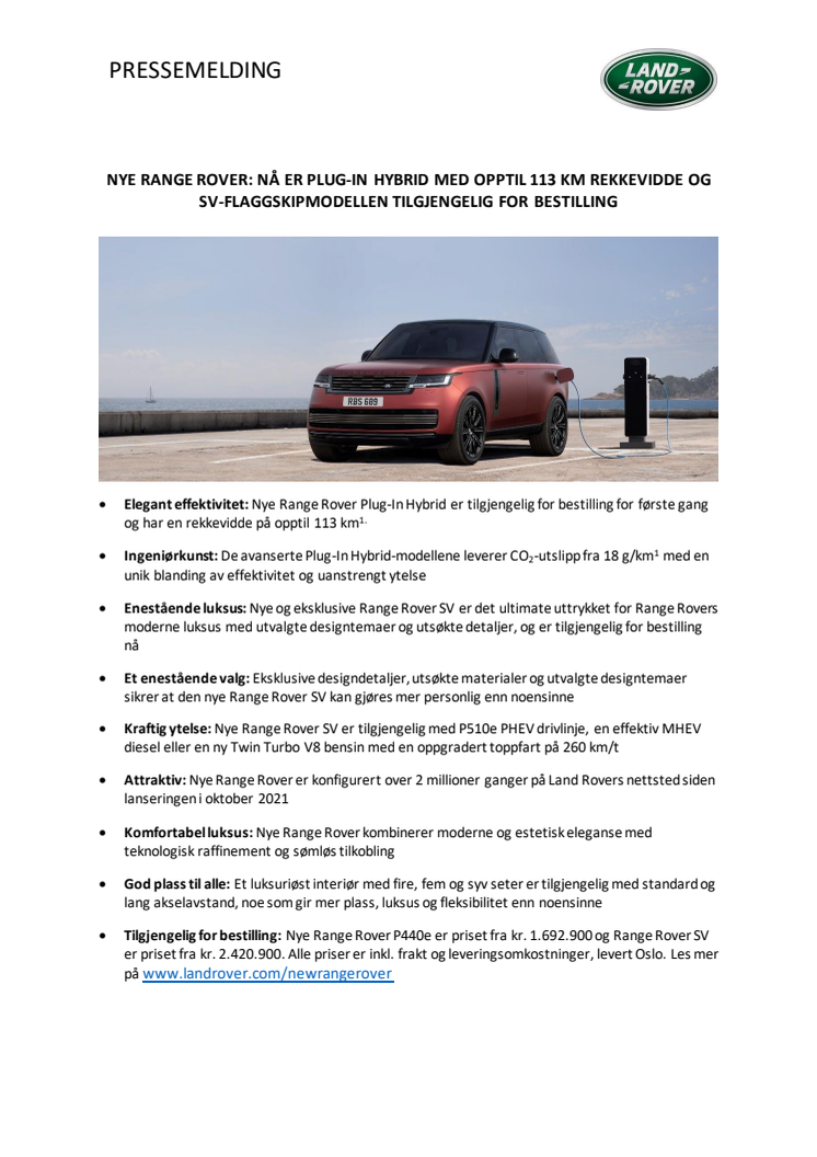 PRESSEMELDING Nye Range Rover PHEV og SV tilgjengelig for bestilling