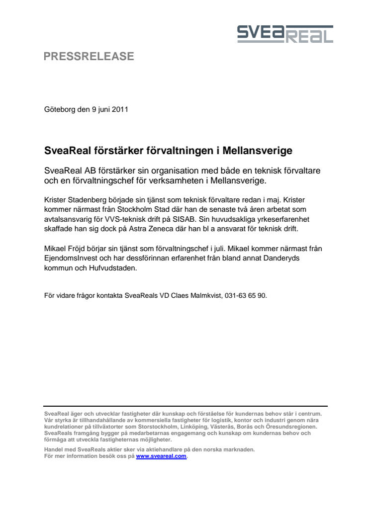 SveaReal förstärker förvaltningen i Mellansverige