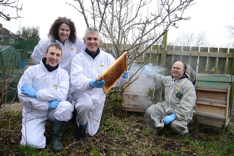 From l-r: Matthew Pound, Helen Hooper and Rinke Vinkenoog of Northumbria University, with urban beekeeper Ian Campbell