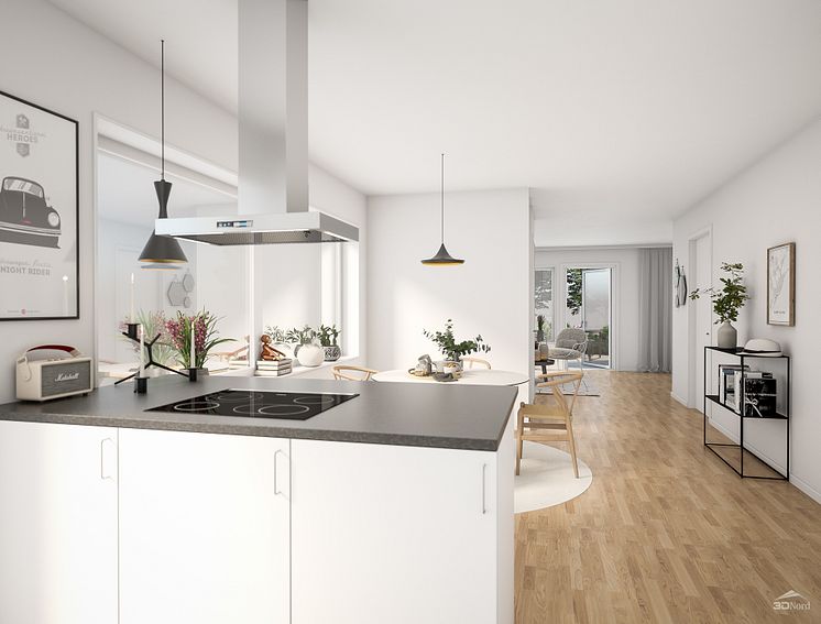 3D-illustration över kök/matrum i Villa Herrgården - Nöbbele Herrgård