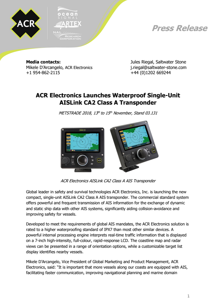 ACR Electronics Launches Waterproof Single-Unit AISLink CA2 Class A Transponder