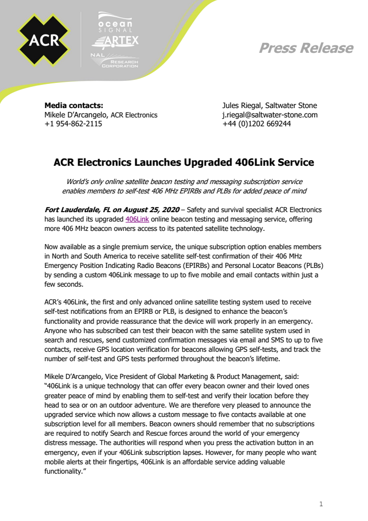 ACR Electronics Launches Upgraded 406Link Service