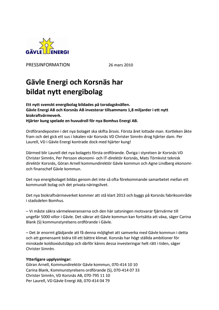 Gävle Energi och Korsnäs har bildat nytt energibolag