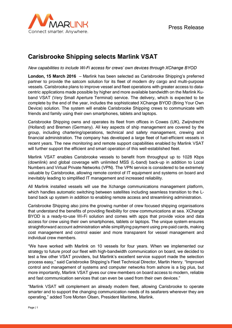 Marlink: Carisbrooke Shipping Selects Marlink VSAT