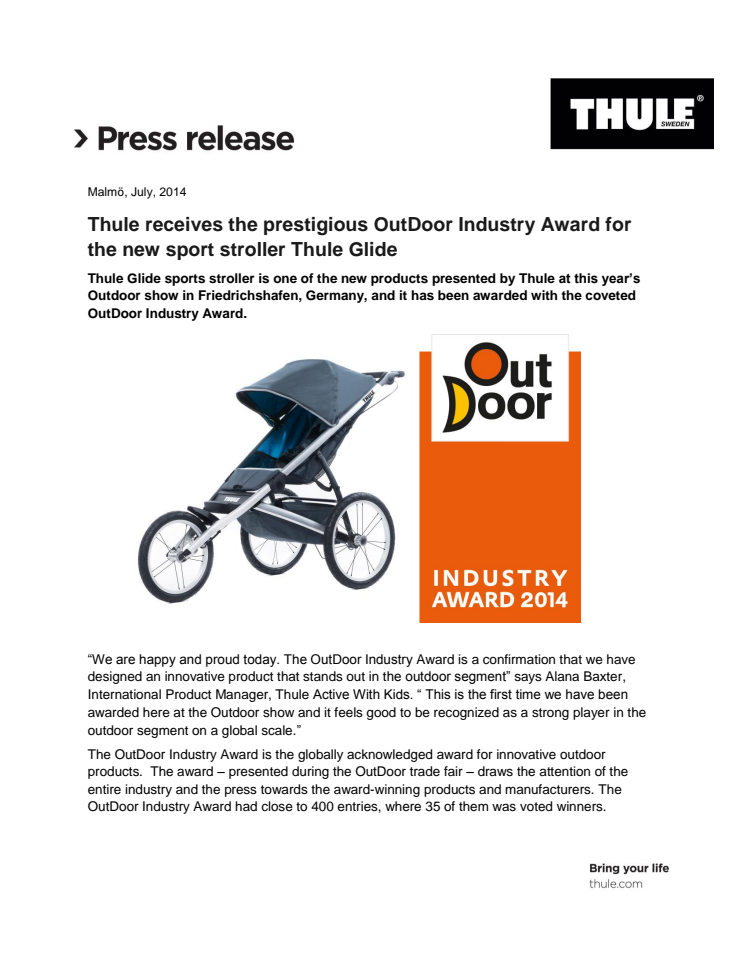 Thule receives the prestigious OutDoor Industry Award for the new sport stroller Thule Glide