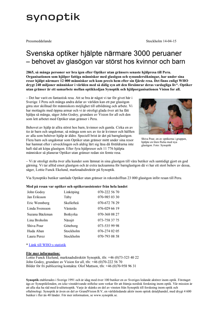 Svenska optiker hjälpte närmare 3000 peruaner  – behovet av glasögon var störst hos kvinnor och barn