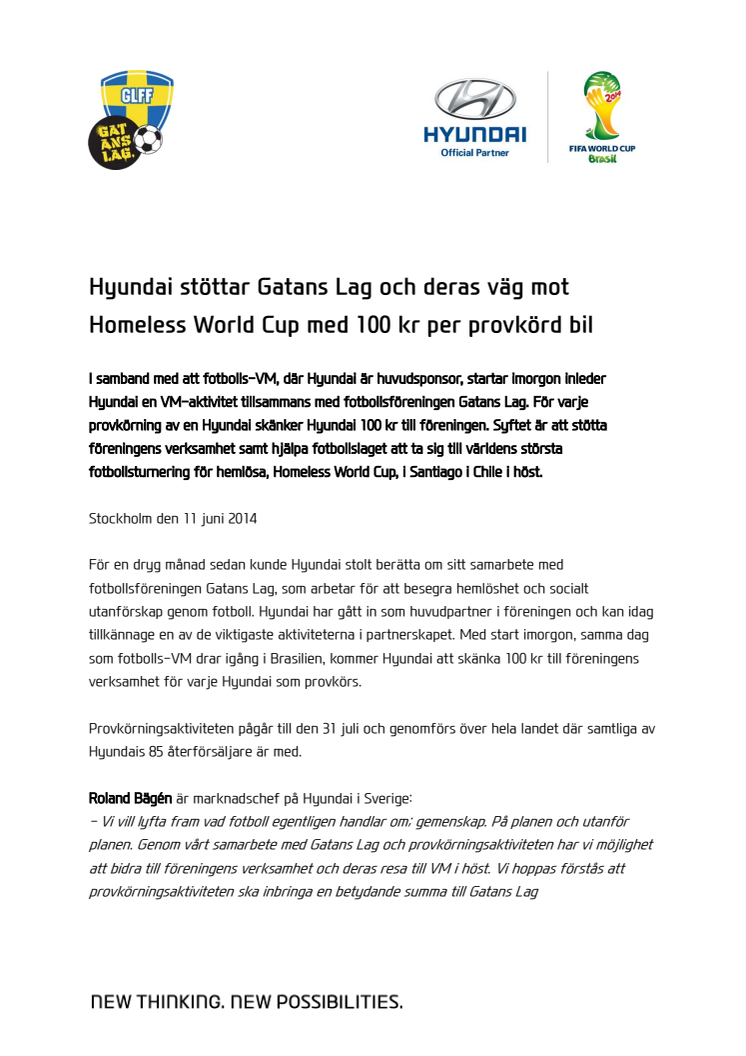 Hyundai stöttar Gatans Lag och deras väg mot Homeless World Cup med 100 kr per provkörd bil