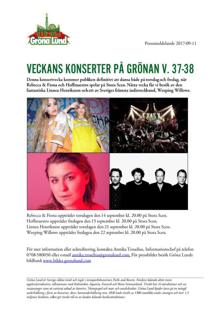 Veckans konserter på Grönan V. 37-38