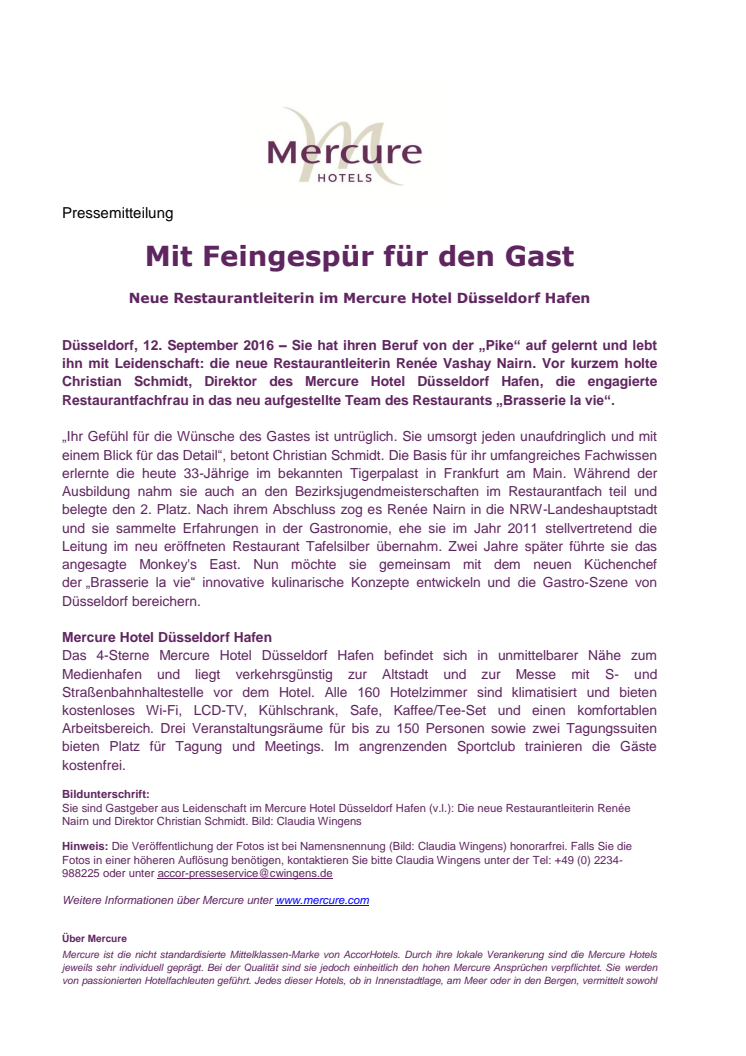 ​Mit Feingespür für den Gast - Neue Restaurantleiterin im Mercure Hotel Düsseldorf Hafen