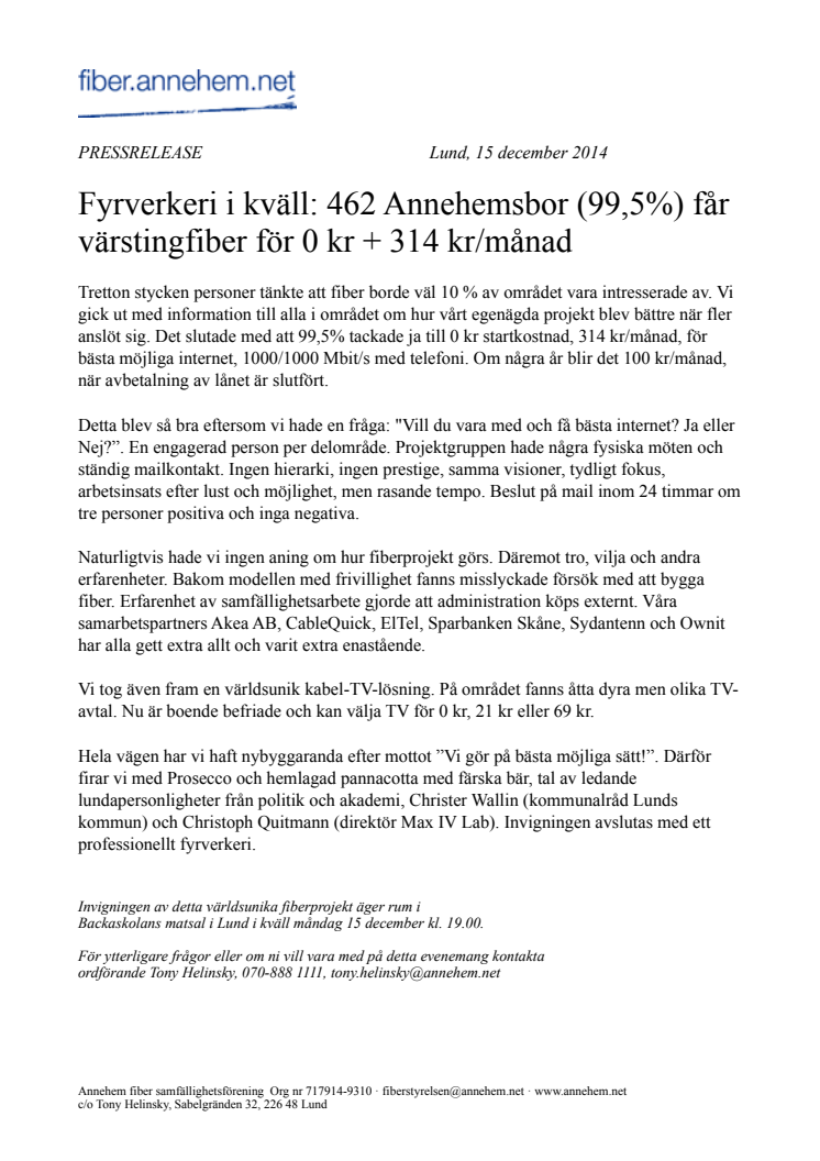 Fyrverkeri i kväll: 462 Annehemsbor (99,5%) får värstingfiber för 0 kr + 314 kr/månad