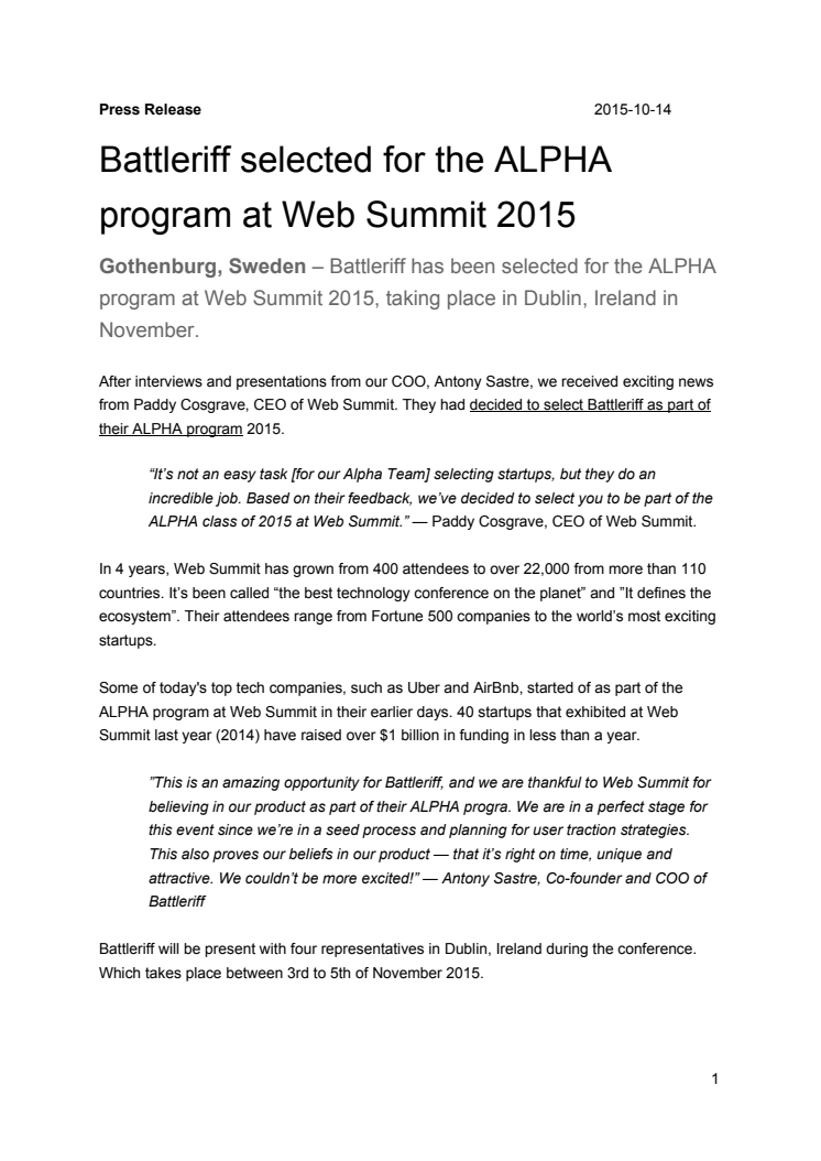 Battleriff selected for the ALPHA program at Web Summit 2015
