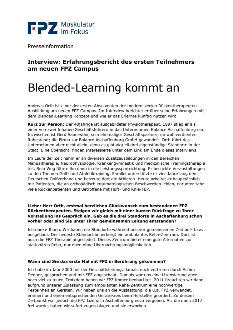 Blended-Learning kommt an -  Erster Teilnehmer des neuen FPZ Campus im Interview