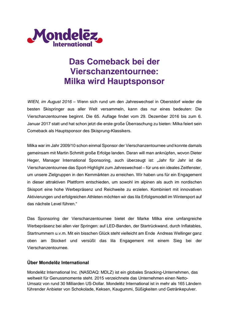 Das Comeback bei der Vierschanzentournee: Milka wird Hauptsponsor 