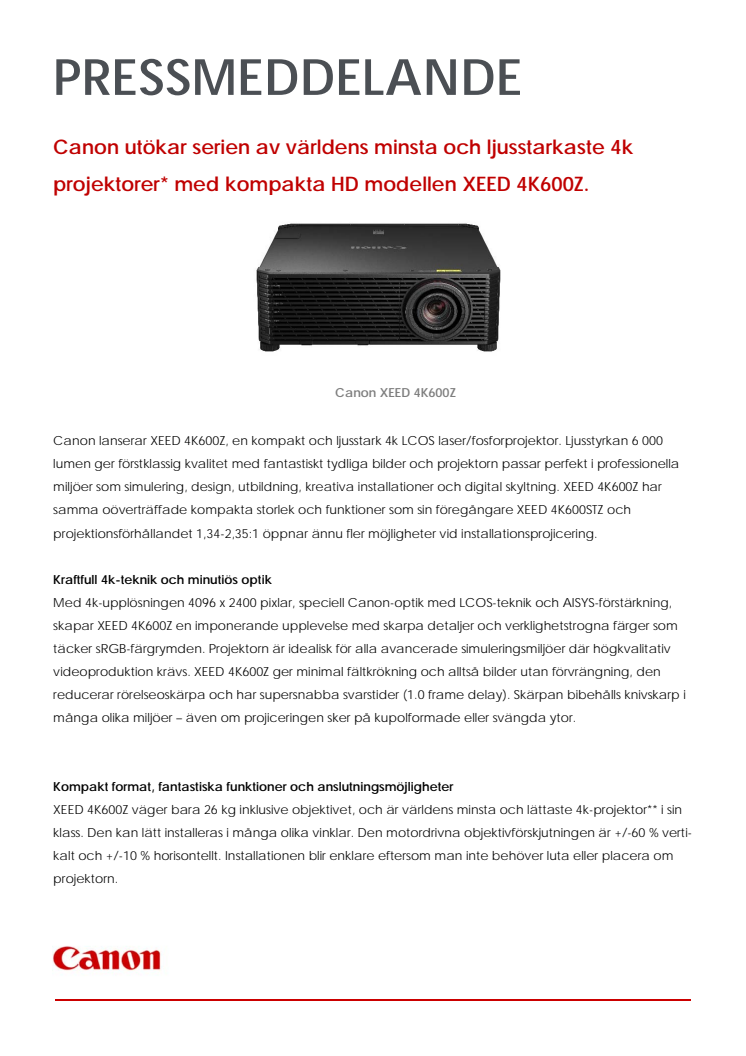 Canon utökar serien av världens minsta och ljusstarkaste 4k  projektorer* med kompakta HD modellen XEED 4K600Z