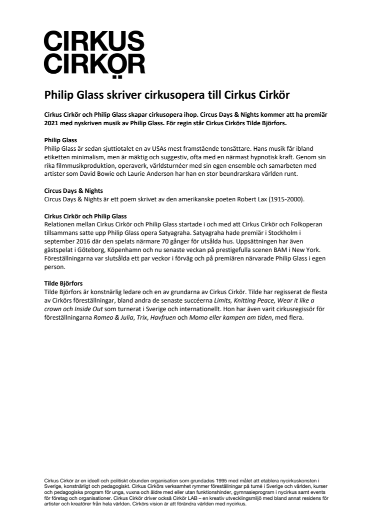 Philip Glass skriver cirkusopera till Cirkus Cirkör 