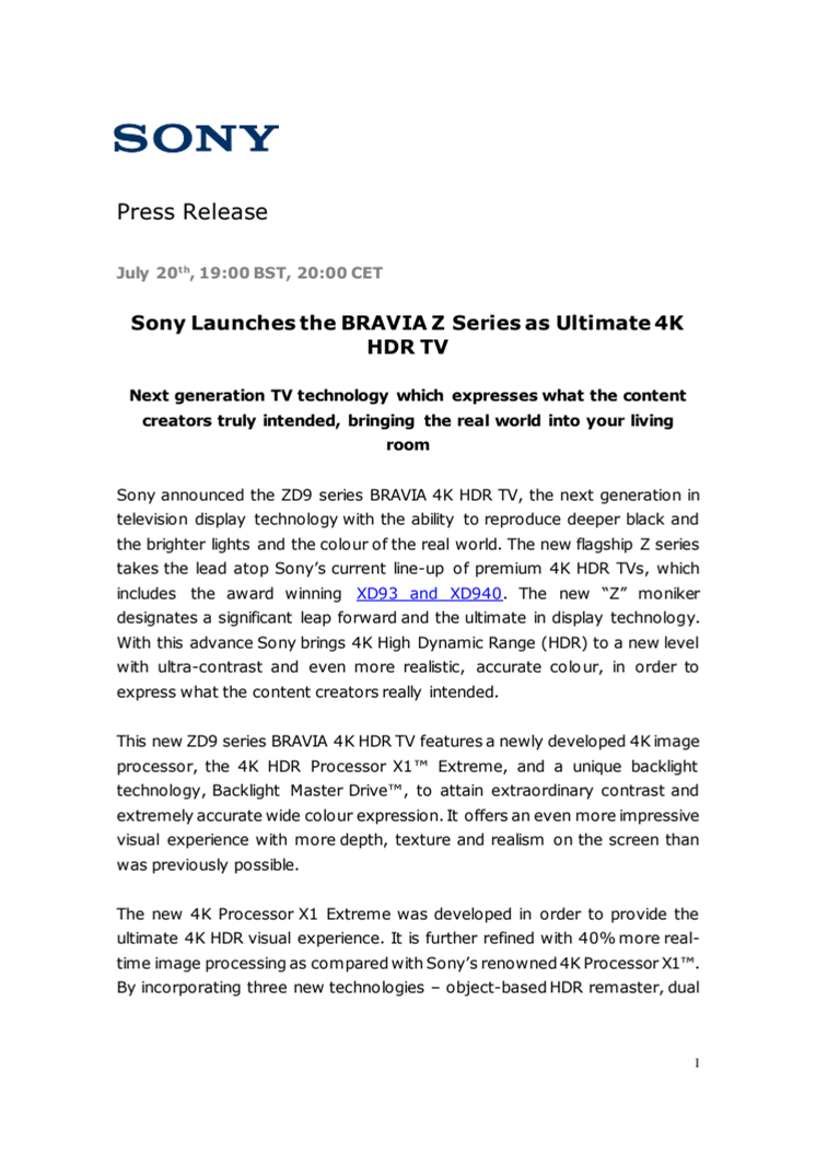 Sonyn uusi BRAVIA Z-sarja tarjoaa ylivertaisen 4K HDR -katselukokemuksen