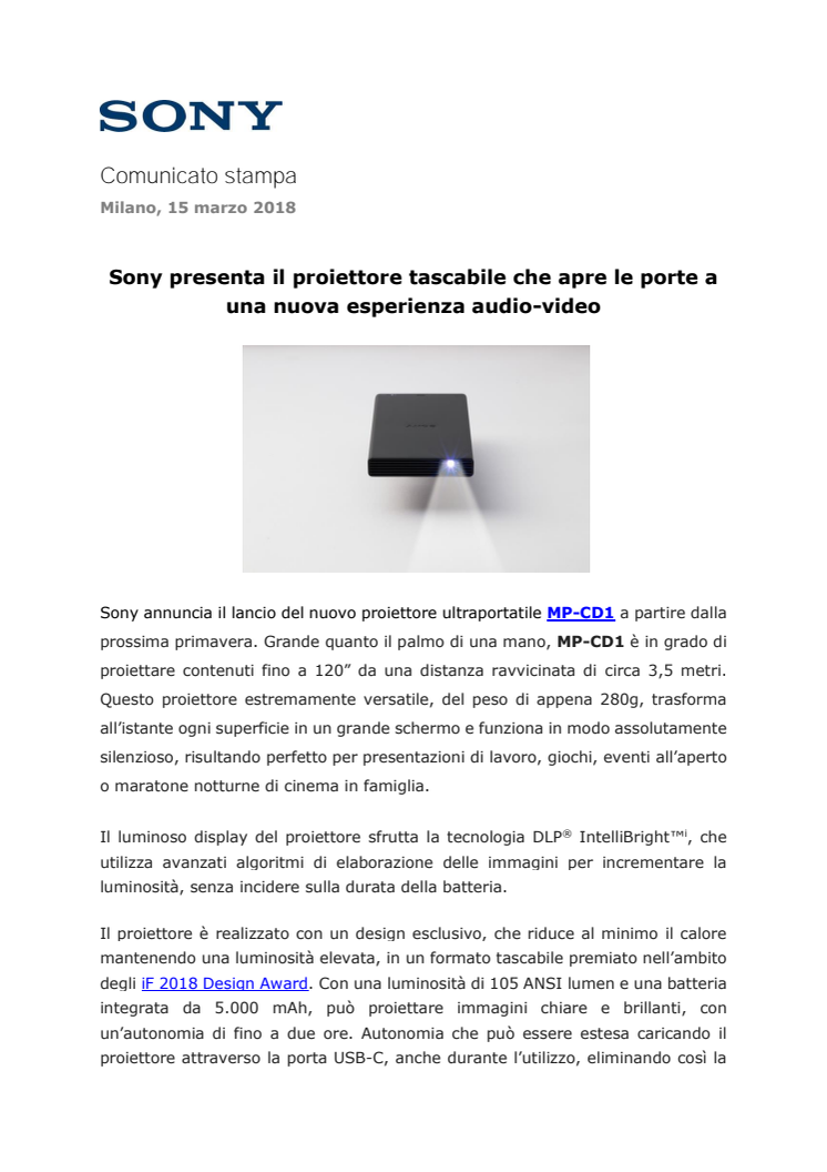 Sony presenta il proiettore tascabile che apre le porte a una nuova esperienza audio-video 