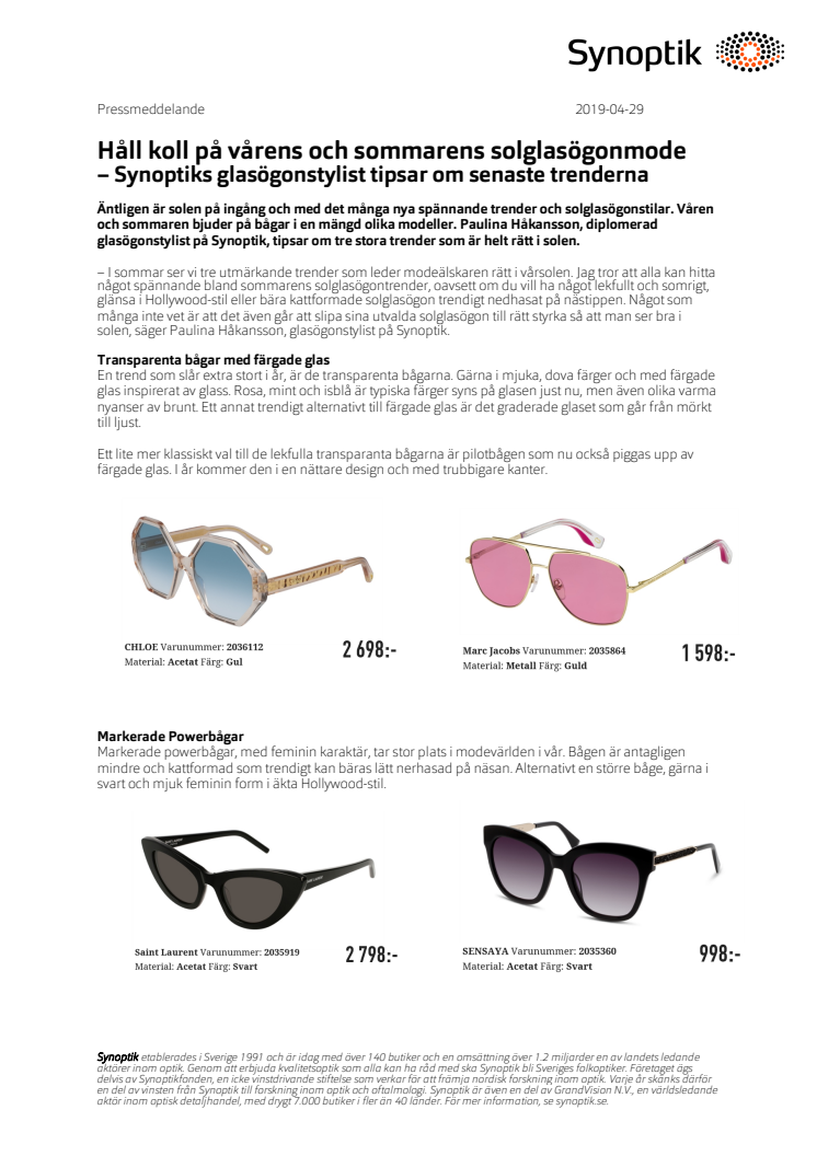 Håll koll på vårens och sommarens solglasögonmode – Synoptiks glasögonstylist tipsar om senaste trenderna