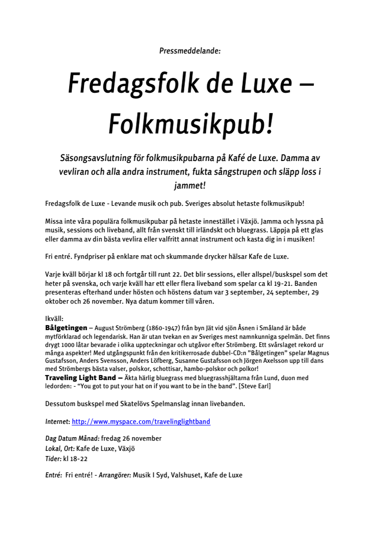 Fredagsfolk de Luxe - Folkmusikpub!