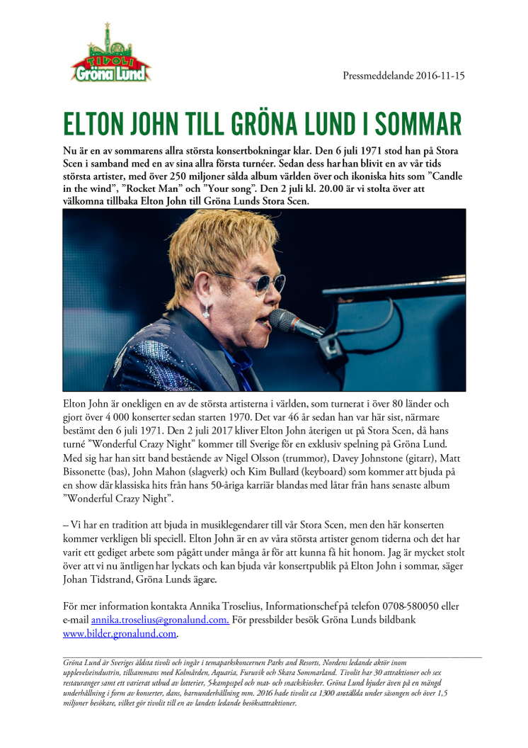 Elton John till Gröna Lund i sommar