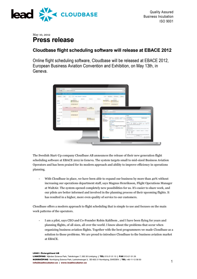 Cloudbase flight scheduling software will release at EBACE 2012