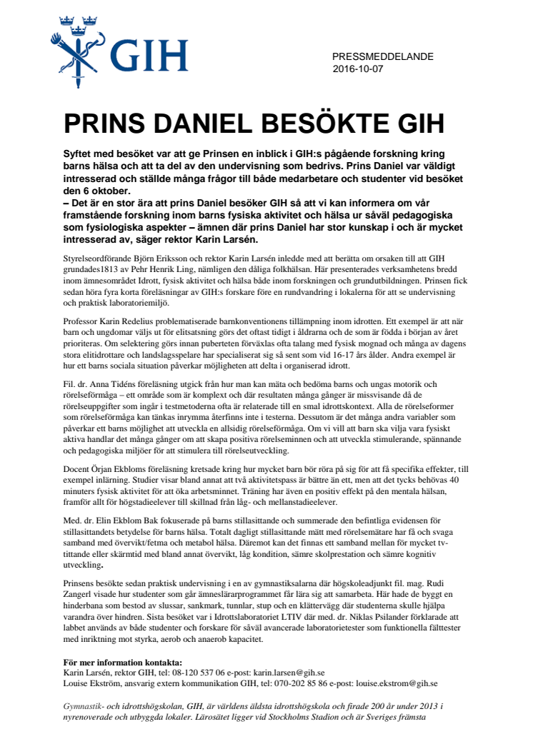 Prins Daniel besökte GIH