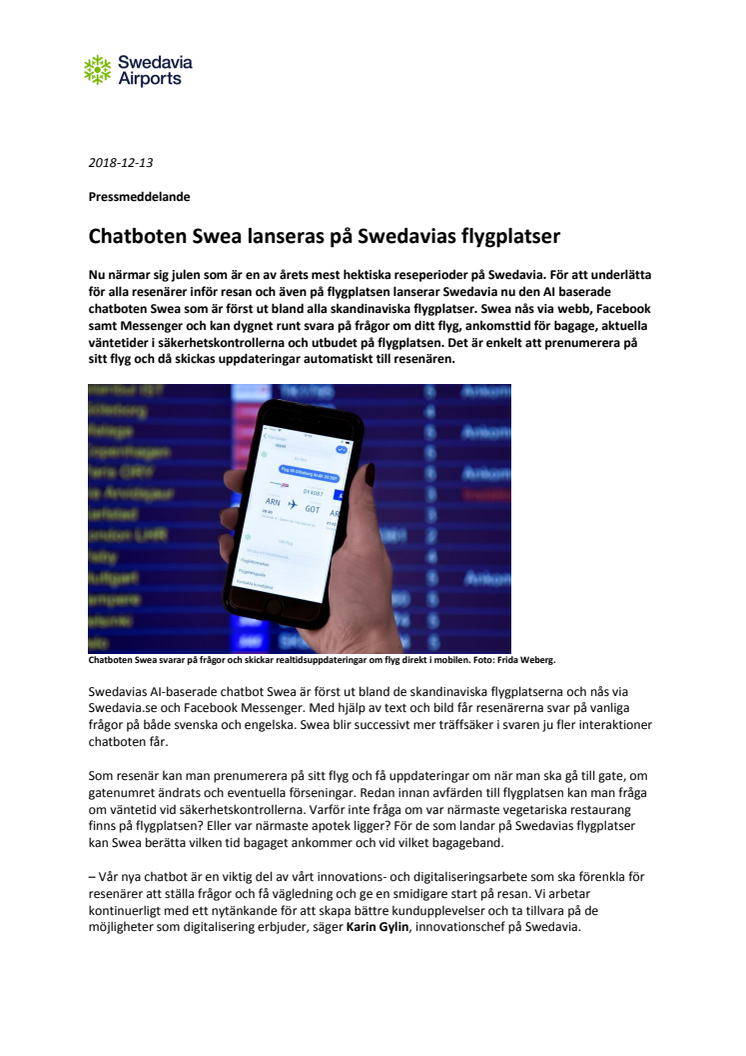 Chatboten Swea lanseras på Swedavias flygplatser