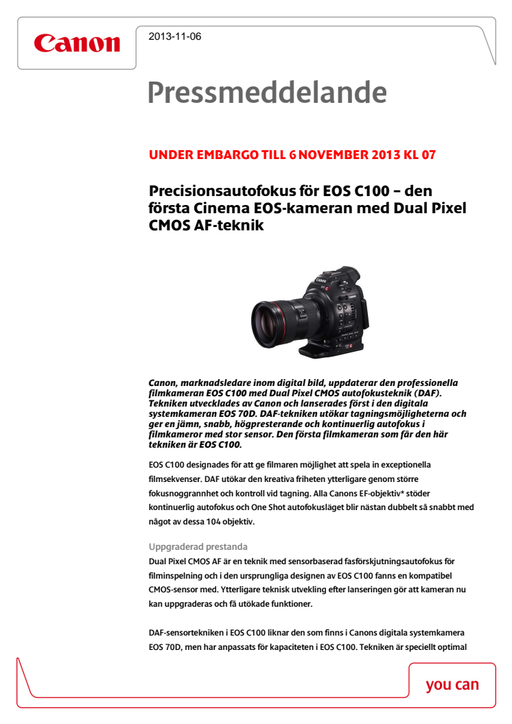 Precisionsautofokus för EOS C100 – den första Cinema EOS-kameran med Dual Pixel CMOS AF-teknik