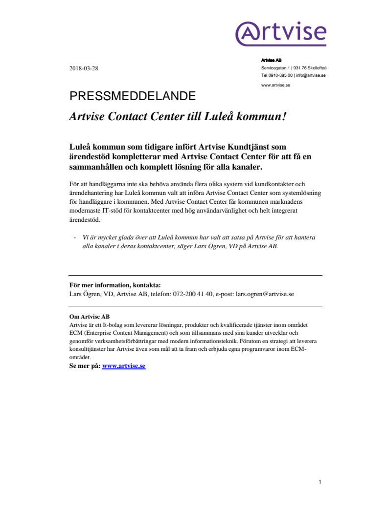 Artvise Contact Center till Luleå kommun!