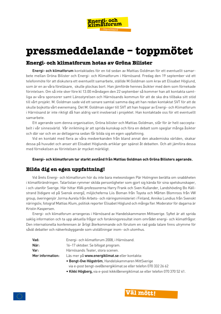 Gröna Bilister hotar Energi- och klimatforum i Härnösand