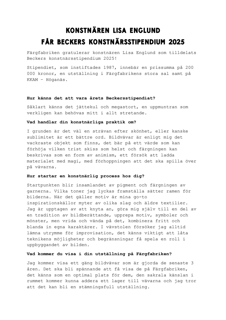 Intervju med Lisa Englund, Beckers konstnärsstipendium 2025