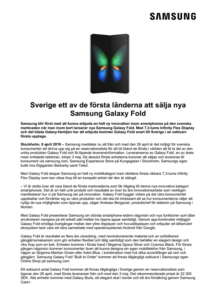 Sverige ett av de första länderna att sälja nya Samsung Galaxy Fold 